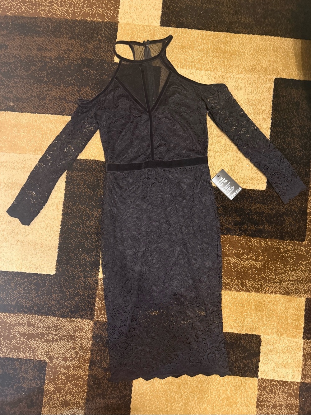 Express Black Lace Cold-Shoulder Midi Dress with Velvet Waist